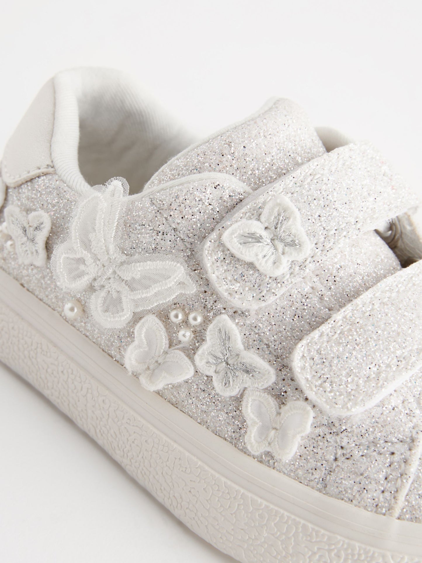 White Glitter Standard Fit (F) Butterfly Touch Fasten Strap Trainers image 7