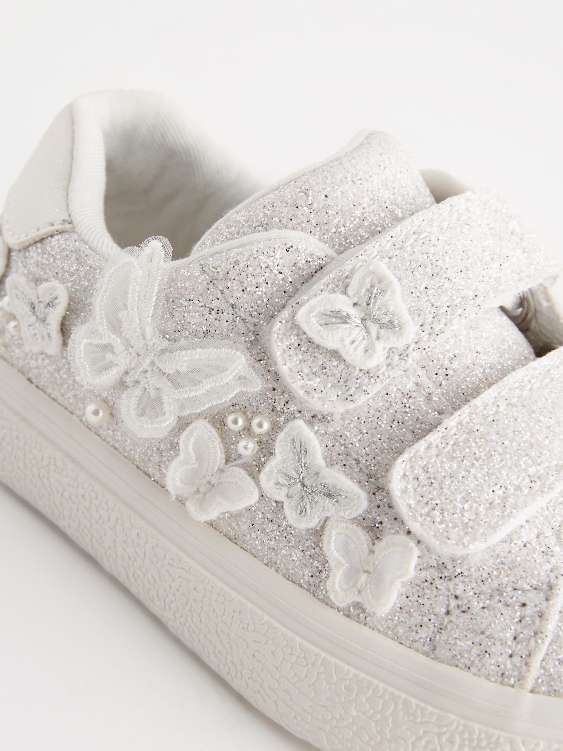 White Glitter Standard Fit (F) Butterfly Touch Fasten Strap Trainers image 7
