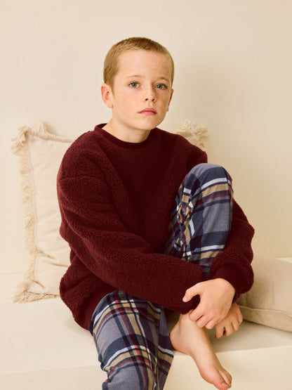 Plum Purple Check Borg Single Pyjamas (3-16yrs)