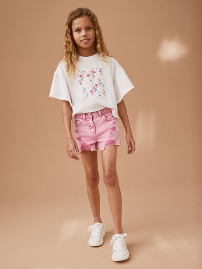 Dsiney Kidz - Pink 100% Cotton Frayed Edge Distressed Shorts (3-16yrs) image 2