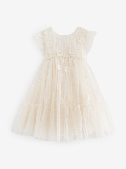 Ecru White 3D Flower Mesh Flower Girl Dress (3-16yrs)