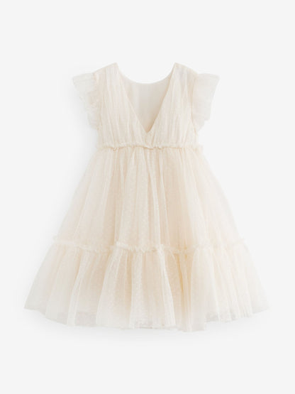 Ecru White 3D Flower Mesh Flower Girl Dress (3-16yrs)