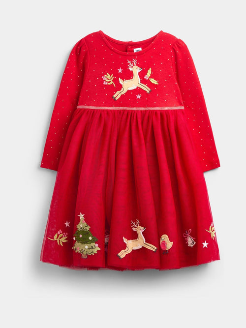JoJo Maman Bébé Red Christmas Appliqué Hem Combo Dress - image 1