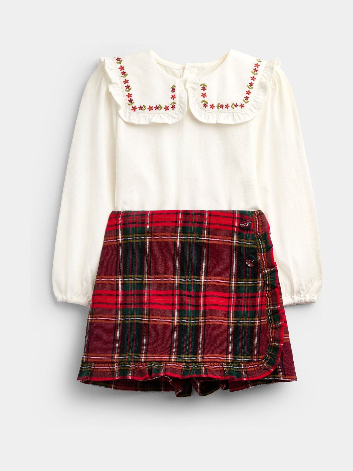 JoJo Maman Bébé Burgundy Red Tartan Tartan Skort And Jersey Embroidered Top - image 1
