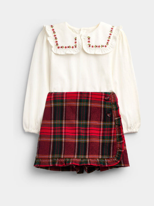 JoJo Maman Bébé Burgundy Red Tartan Tartan Skort And Jersey Embroidered Top - image 1