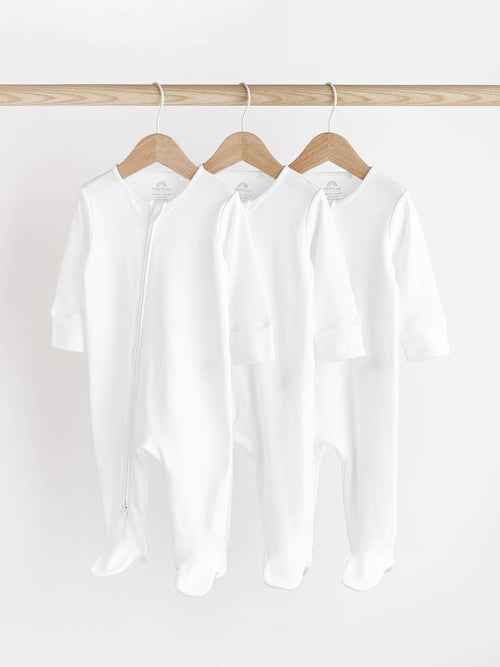 White Essential Zipped 100% Cotton Baby Sleepsuits 3 Pack (0-3yrs) image 1