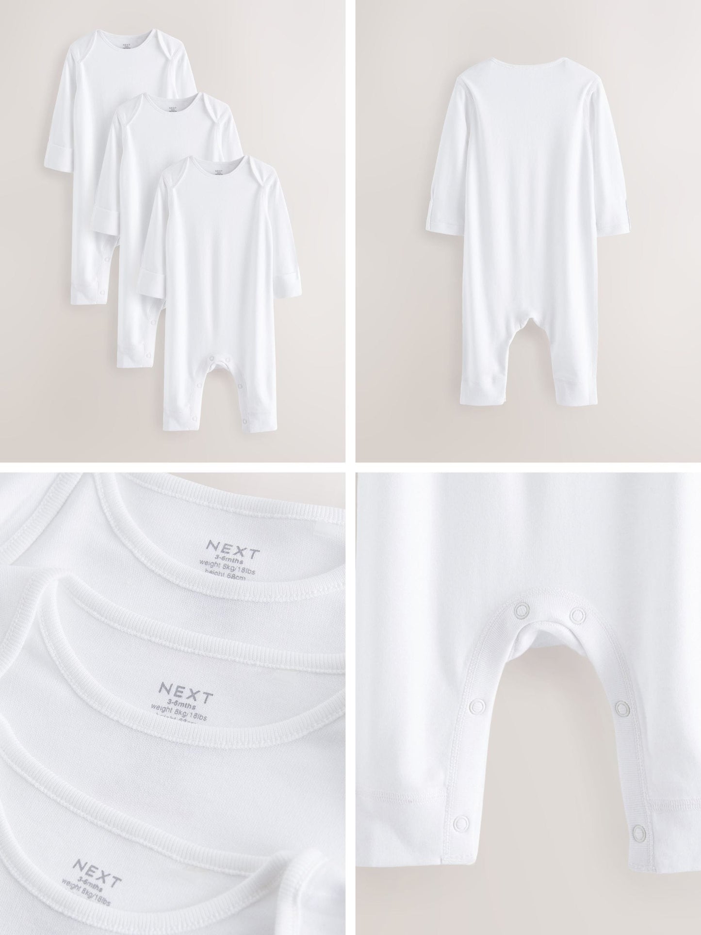 White Kind to Skin Baby Sleepsuits 3 Pack (0-2yrs) image 2