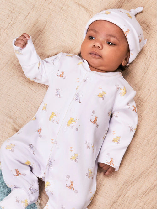 JoJo Maman Bébé Cream Winnie The Pooh Print Sleepsuit & Hat Set image 1