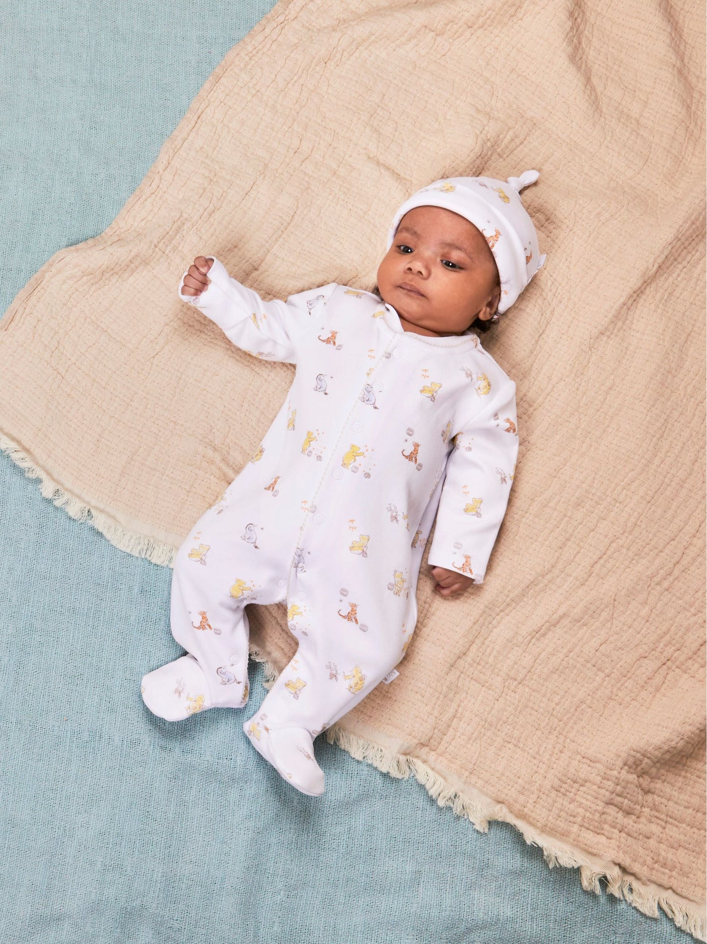 JoJo Maman Bébé Cream Winnie The Pooh Print Sleepsuit & Hat Set image 3