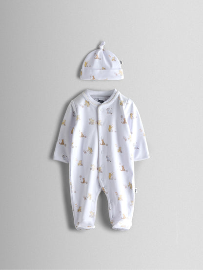 JoJo Maman Bébé Cream Winnie The Pooh Print Sleepsuit & Hat Set image 4