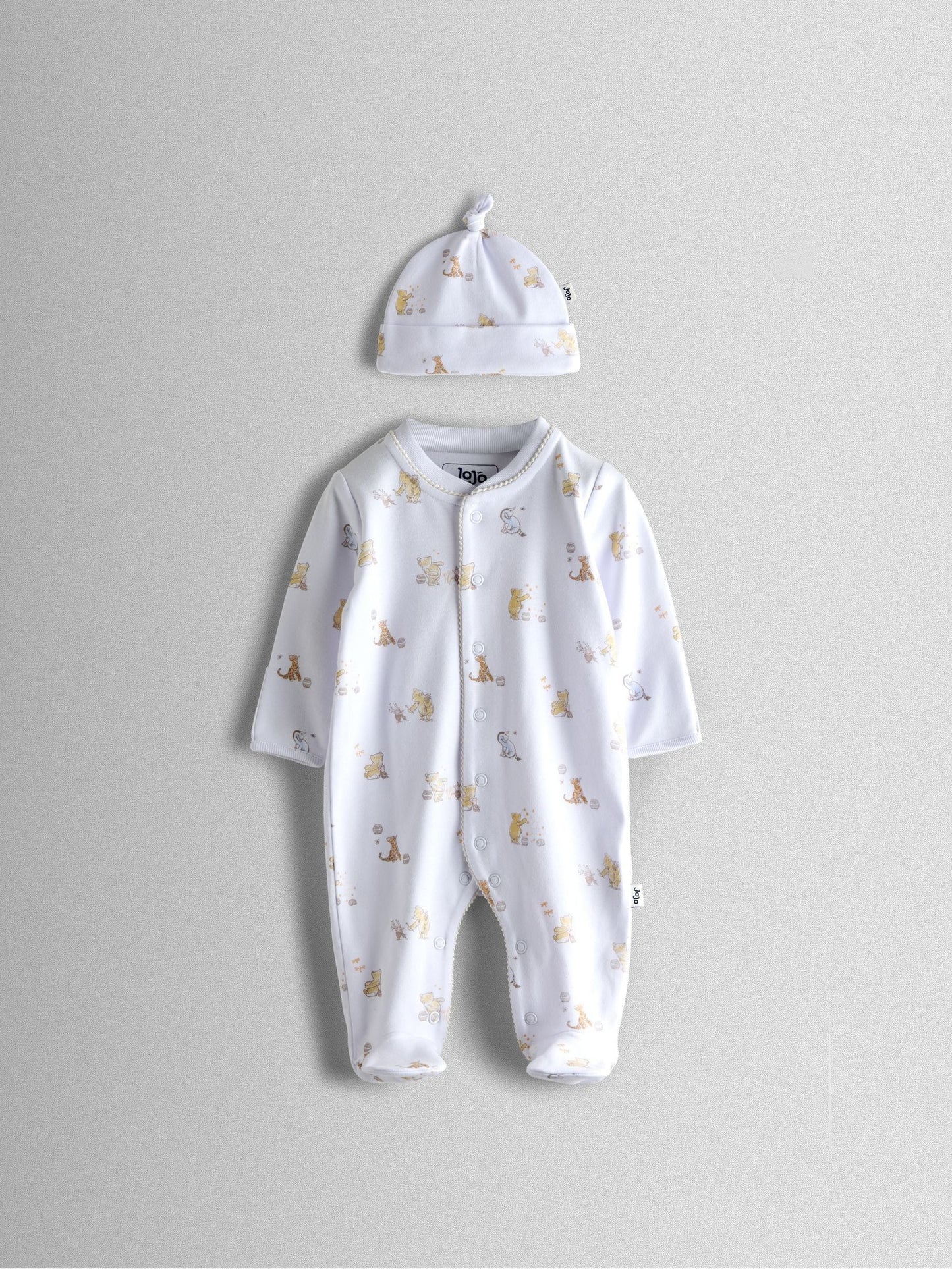 JoJo Maman Bébé Cream Winnie The Pooh Print Sleepsuit & Hat Set image 4