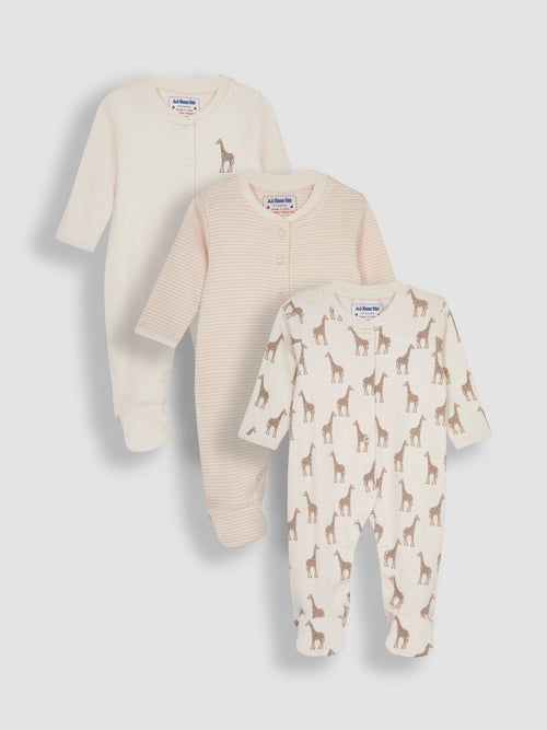 JoJo Maman Bébé Natural Giraffe Cotton Footed Animal Sleepsuits 3-Pack image 1