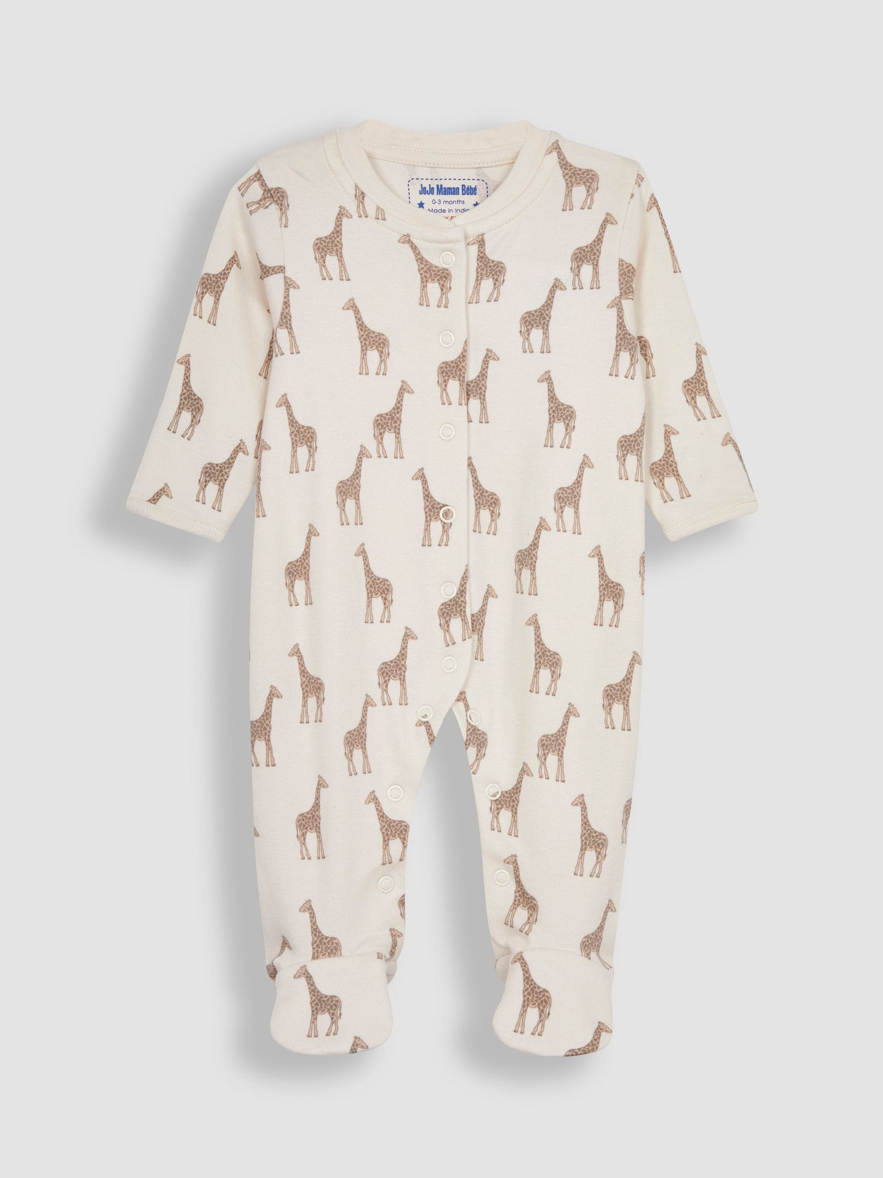 JoJo Maman Bébé Natural Giraffe Cotton Footed Animal Print Sleepsuits 3-Pack image 2