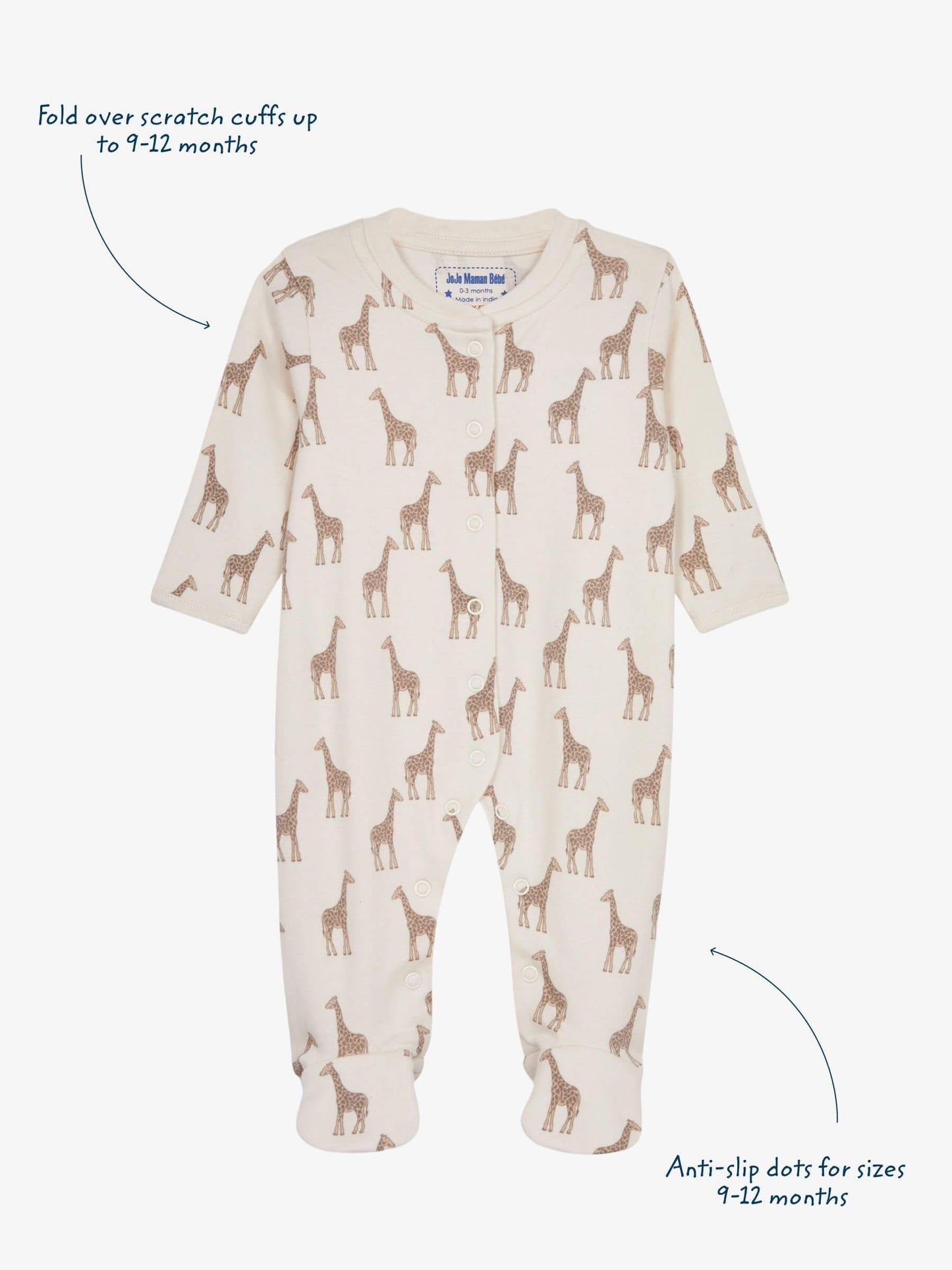 JoJo Maman Bébé Natural Giraffe Cotton Footed Animal Print Sleepsuits 3-Pack image 3