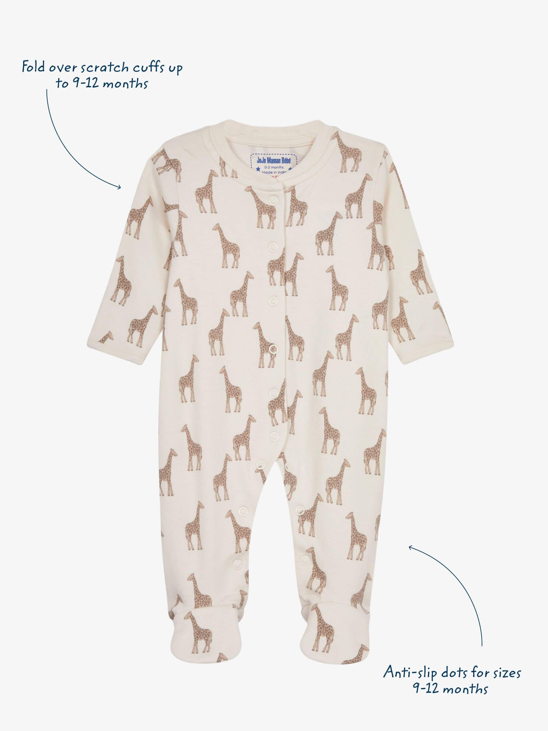 JoJo Maman Bébé Natural Giraffe Cotton Footed Animal Print Sleepsuits 3-Pack image 3