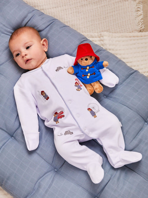JoJo Maman Bébé White Paddington Embroidered Sleepsuit & Hat Set image 1