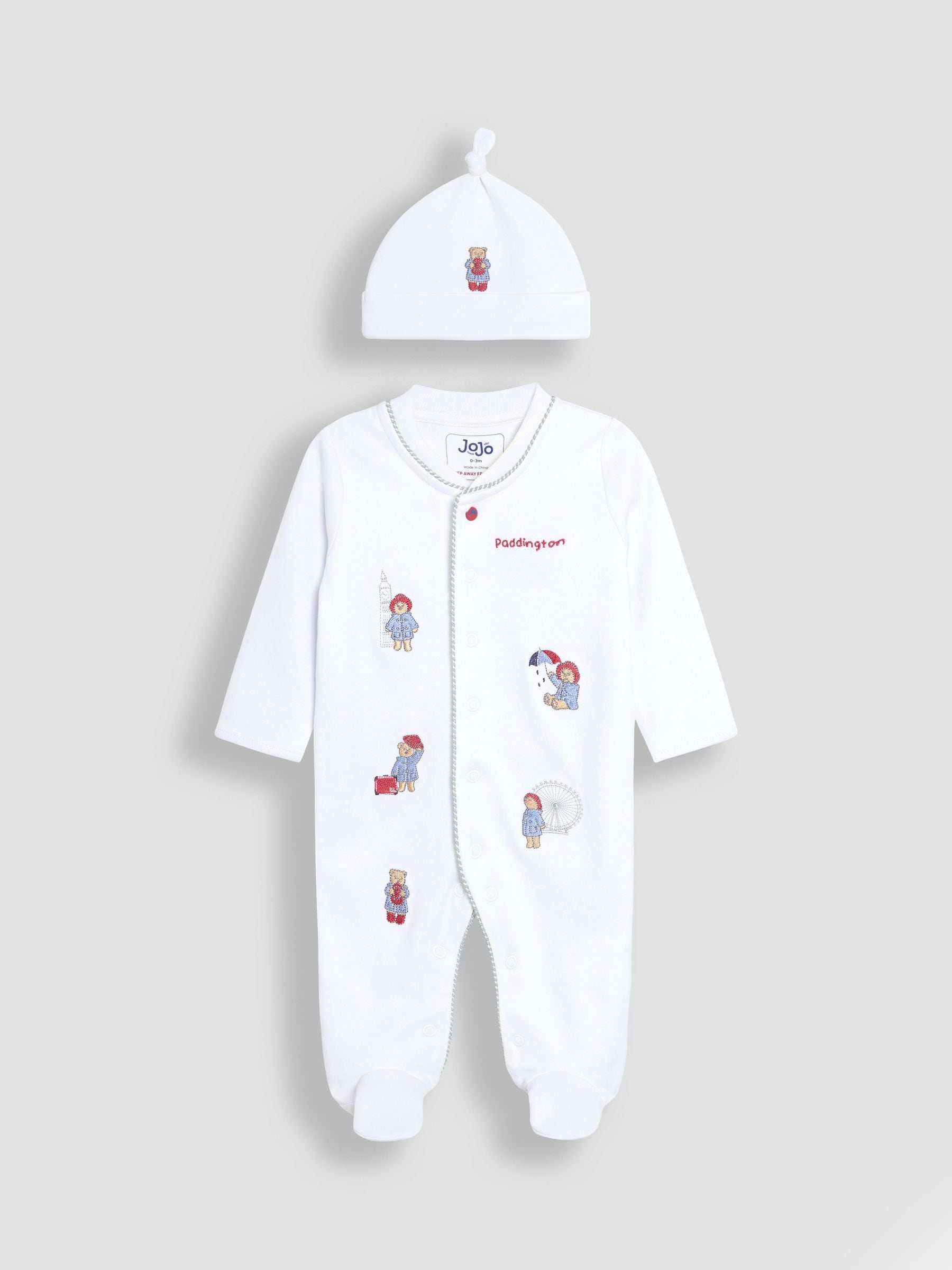 JoJo Maman Bébé White Paddington Embroidered Sleepsuit & Hat Set image 2
