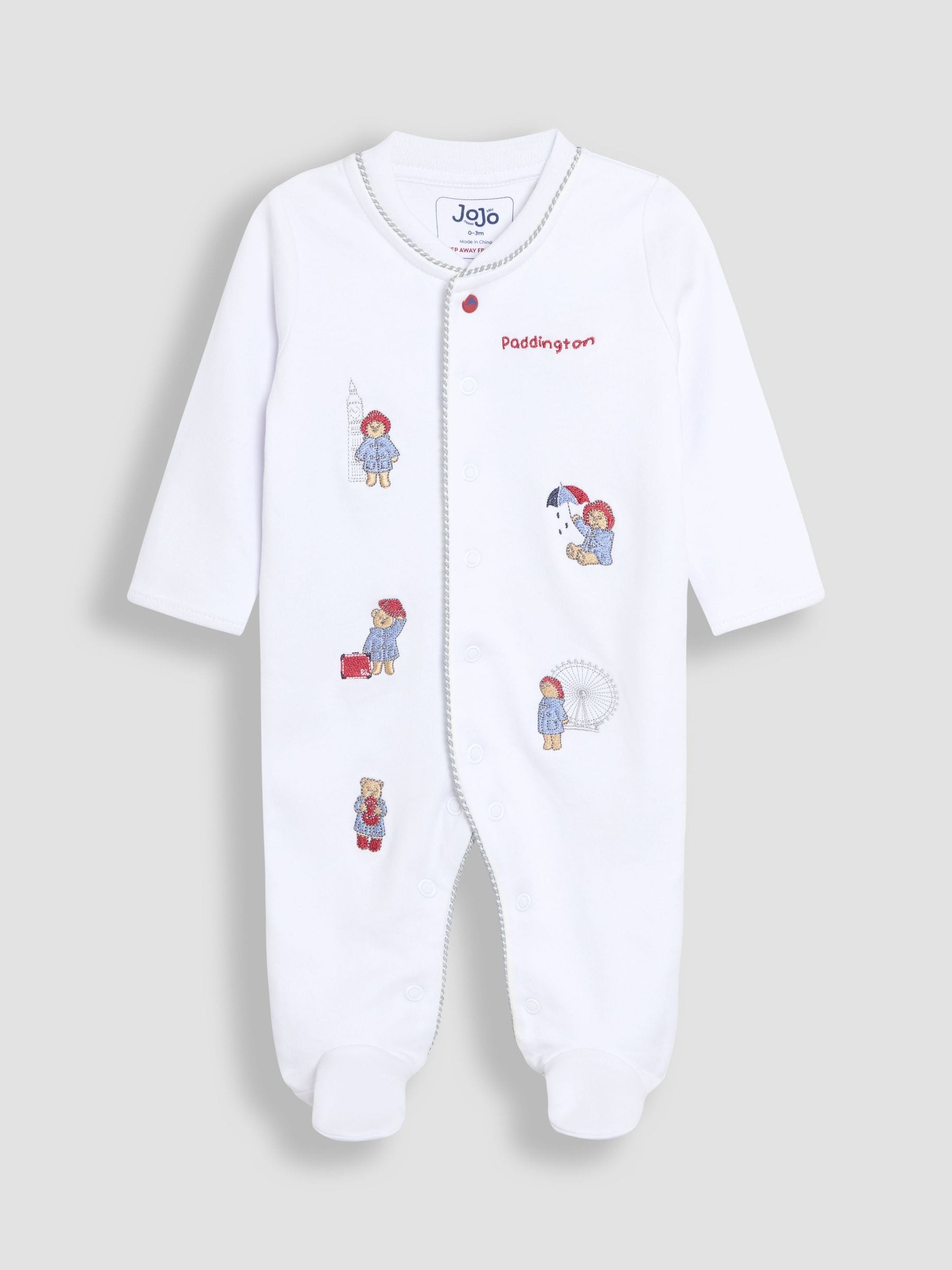 JoJo Maman Bébé White Paddington Embroidered Sleepsuit & Hat Set image 3