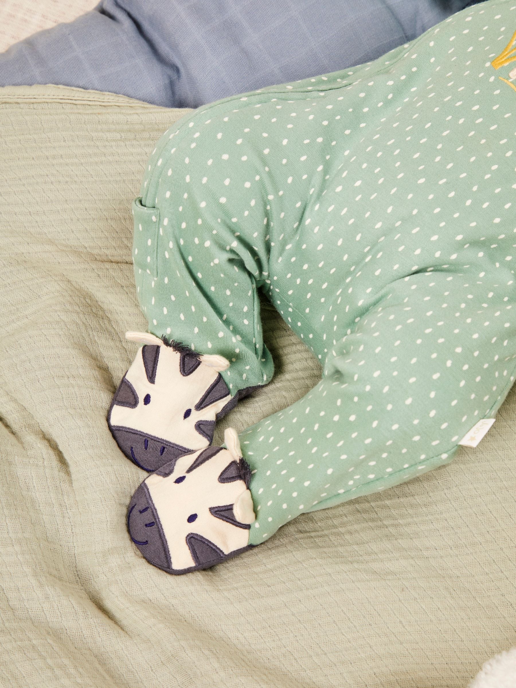 JoJo Maman Bébé Green Zebra Appliqué Zip Sleepsuit image 3
