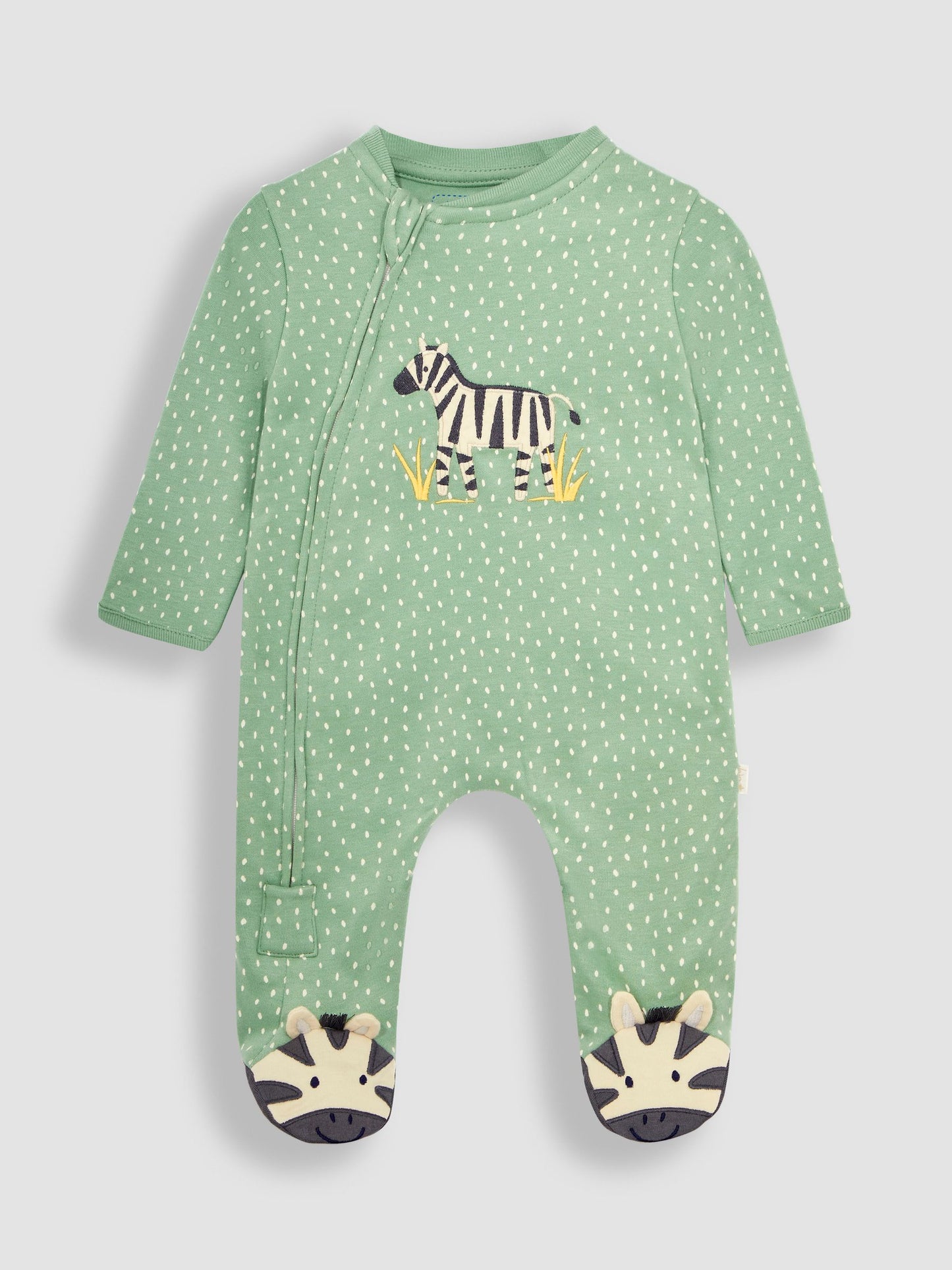 JoJo Maman Bébé Green Zebra Appliqué Zip Sleepsuit image 4