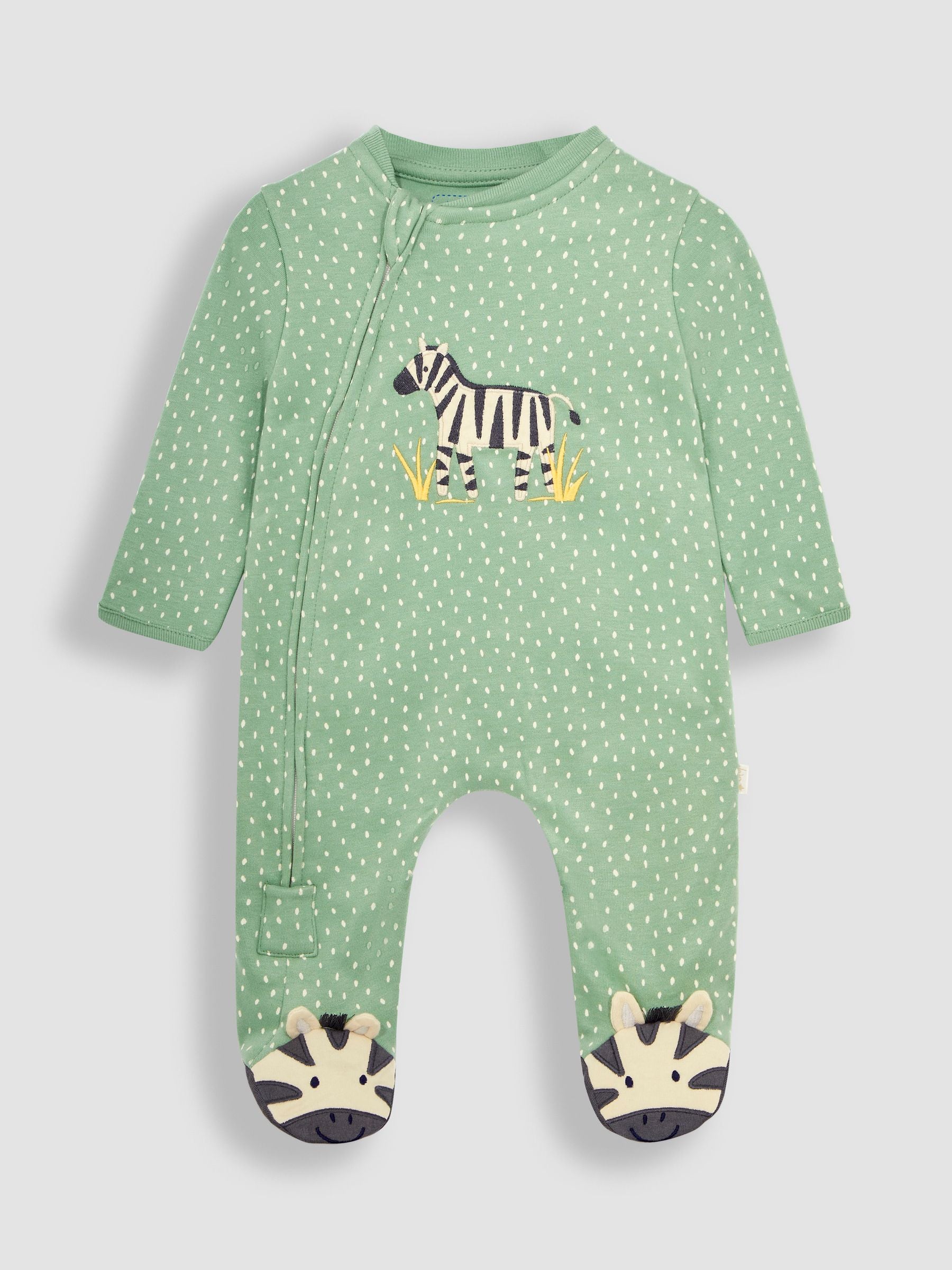 JoJo Maman Bébé Green Zebra Appliqué Zip Sleepsuit image 4