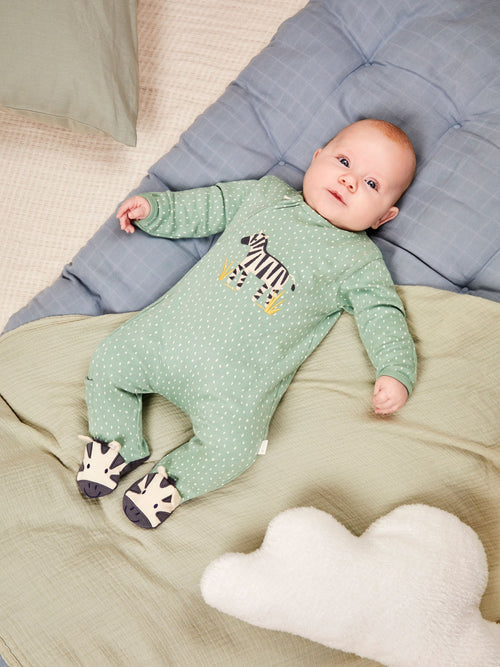 JoJo Maman Bébé Green Zebra Appliqué Zip Sleepsuit image 1