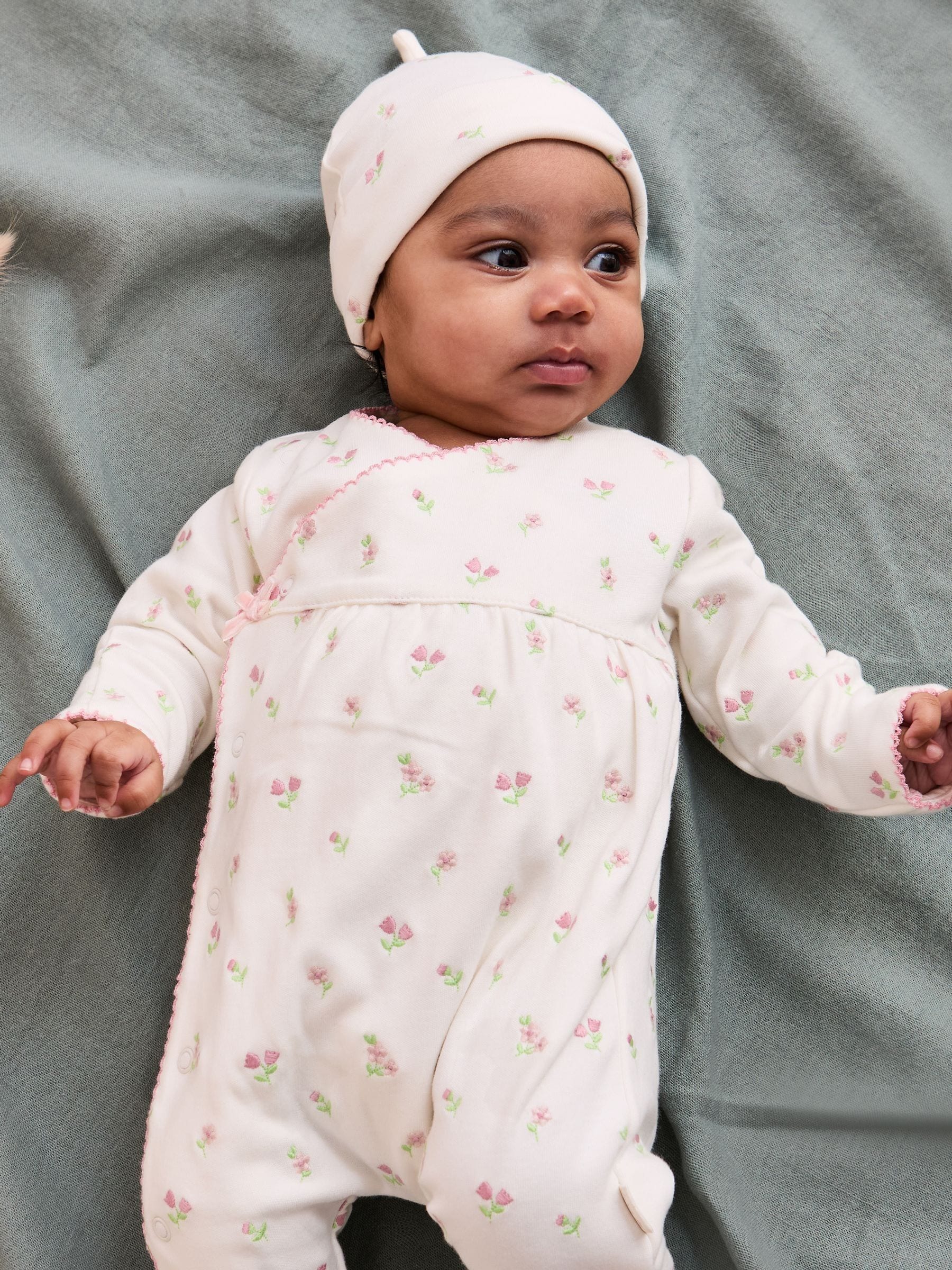 JoJo Maman Bébé Cream Floral Embroidered Pretty Sleepsuit & Hat image 1
