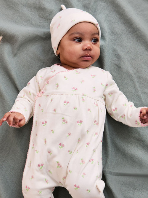 JoJo Maman Bébé Cream Floral Embroidered Pretty Sleepsuit & Hat image 1