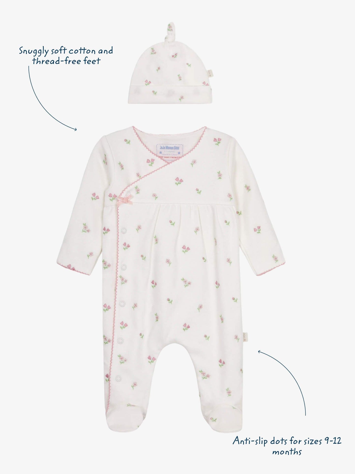 JoJo Maman Bébé Cream Floral Embroidered Pretty Sleepsuit & Hat image 4