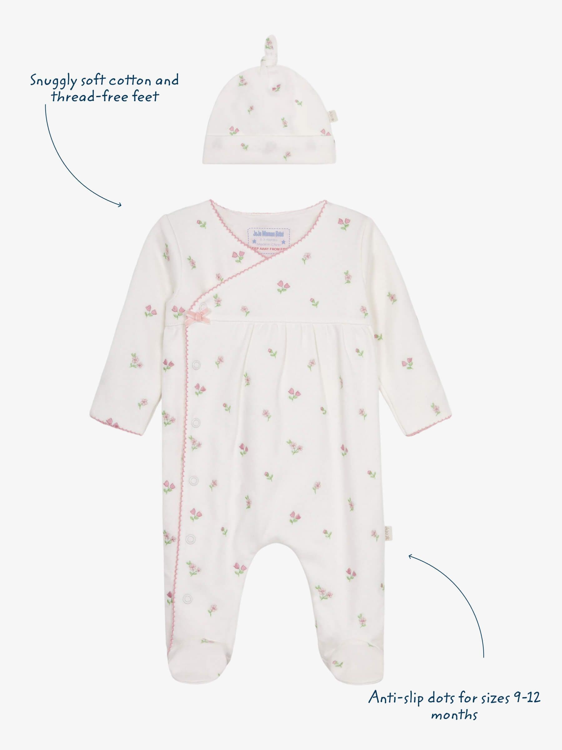 JoJo Maman Bébé Cream Floral Embroidered Pretty Sleepsuit & Hat image 4