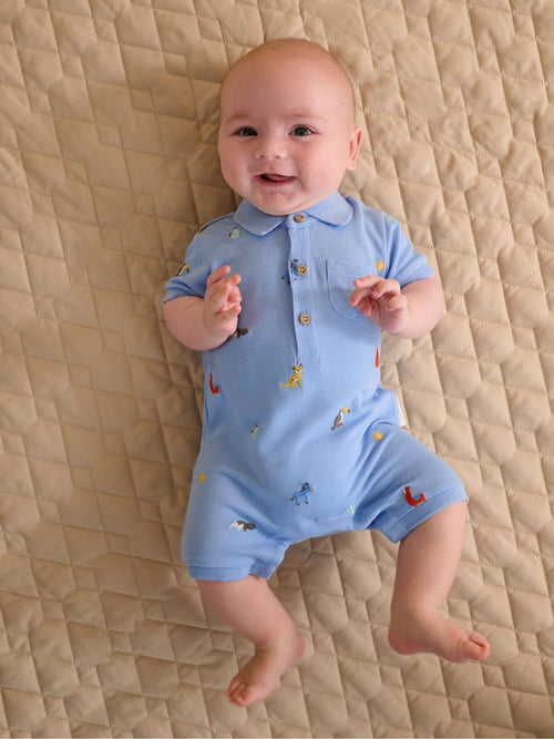 Purebaby Blue Embroidered Polo Romper image 1