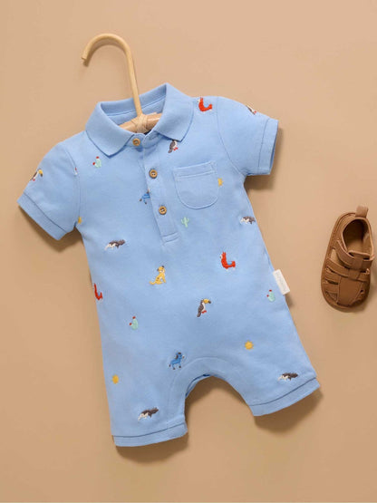 Purebaby Blue Embroidered Polo Romper image 2