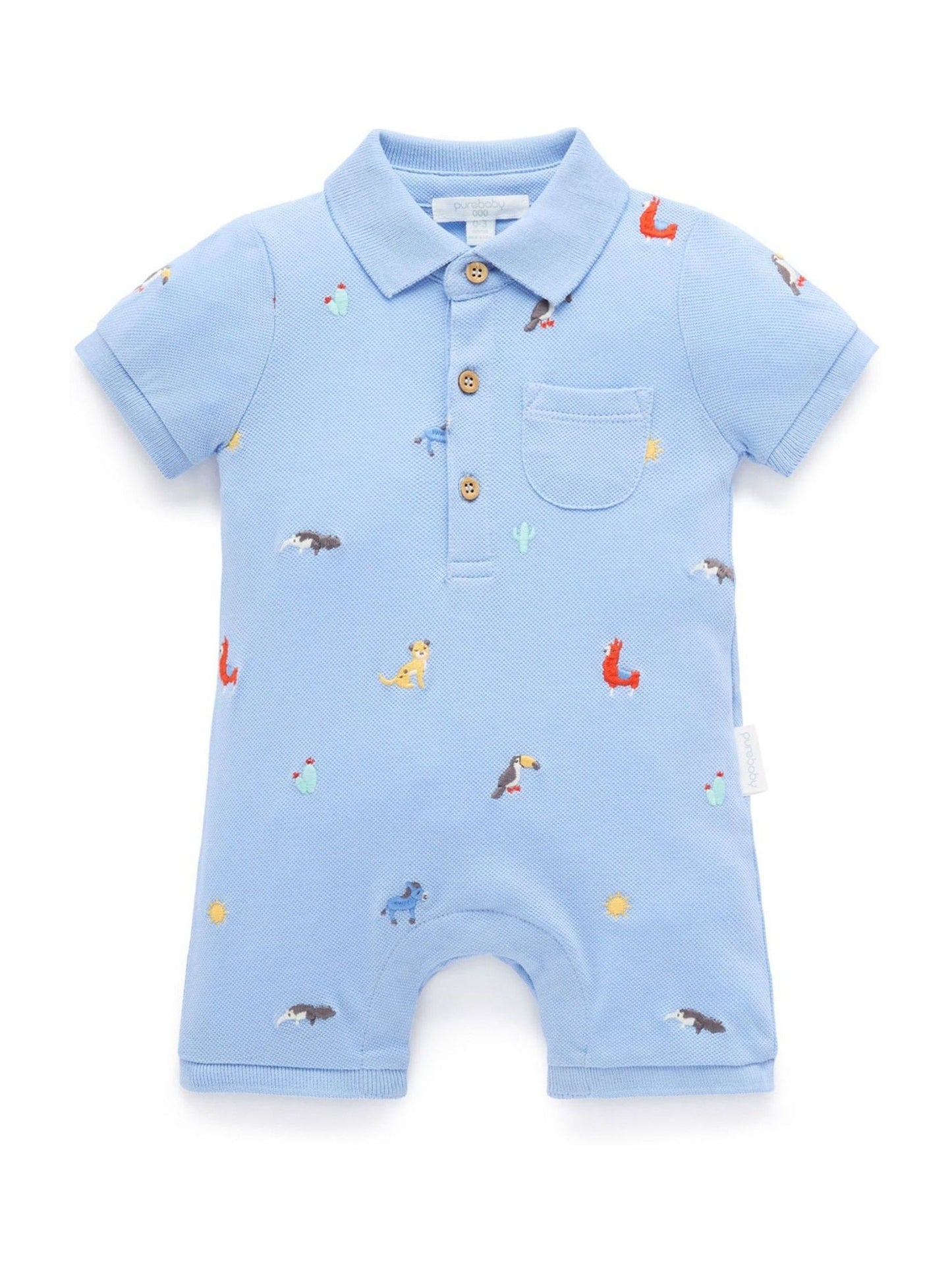 Purebaby Blue Embroidered Polo Romper image 3