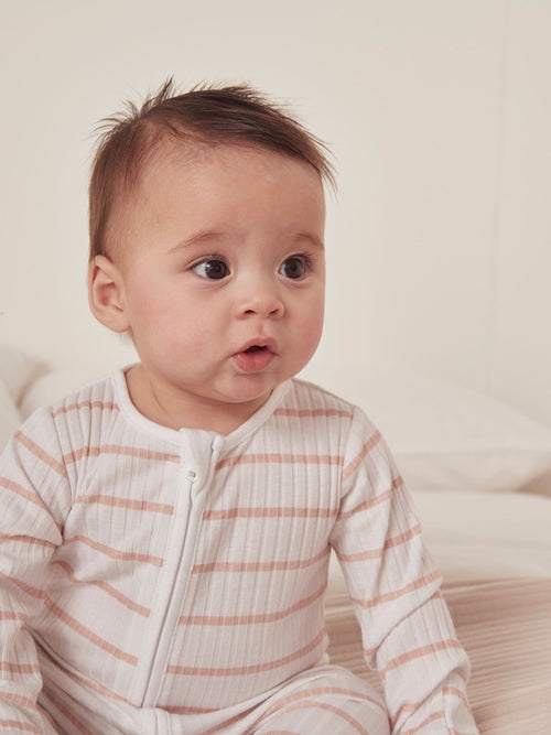The White Company Pink Cotton Stripe Rib Sleepsuit image 1