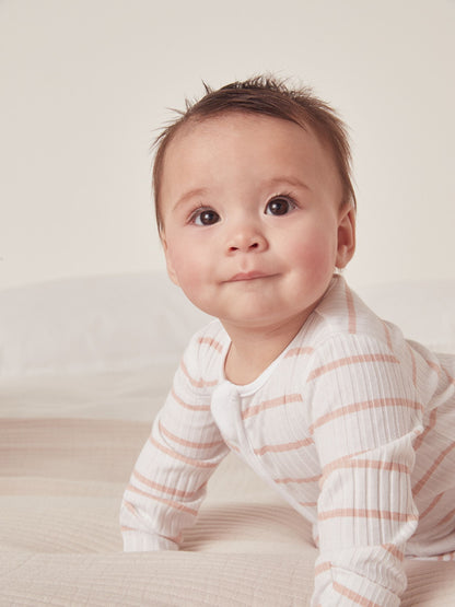The White Company Pink Cotton Stripe Rib Sleepsuit image 2