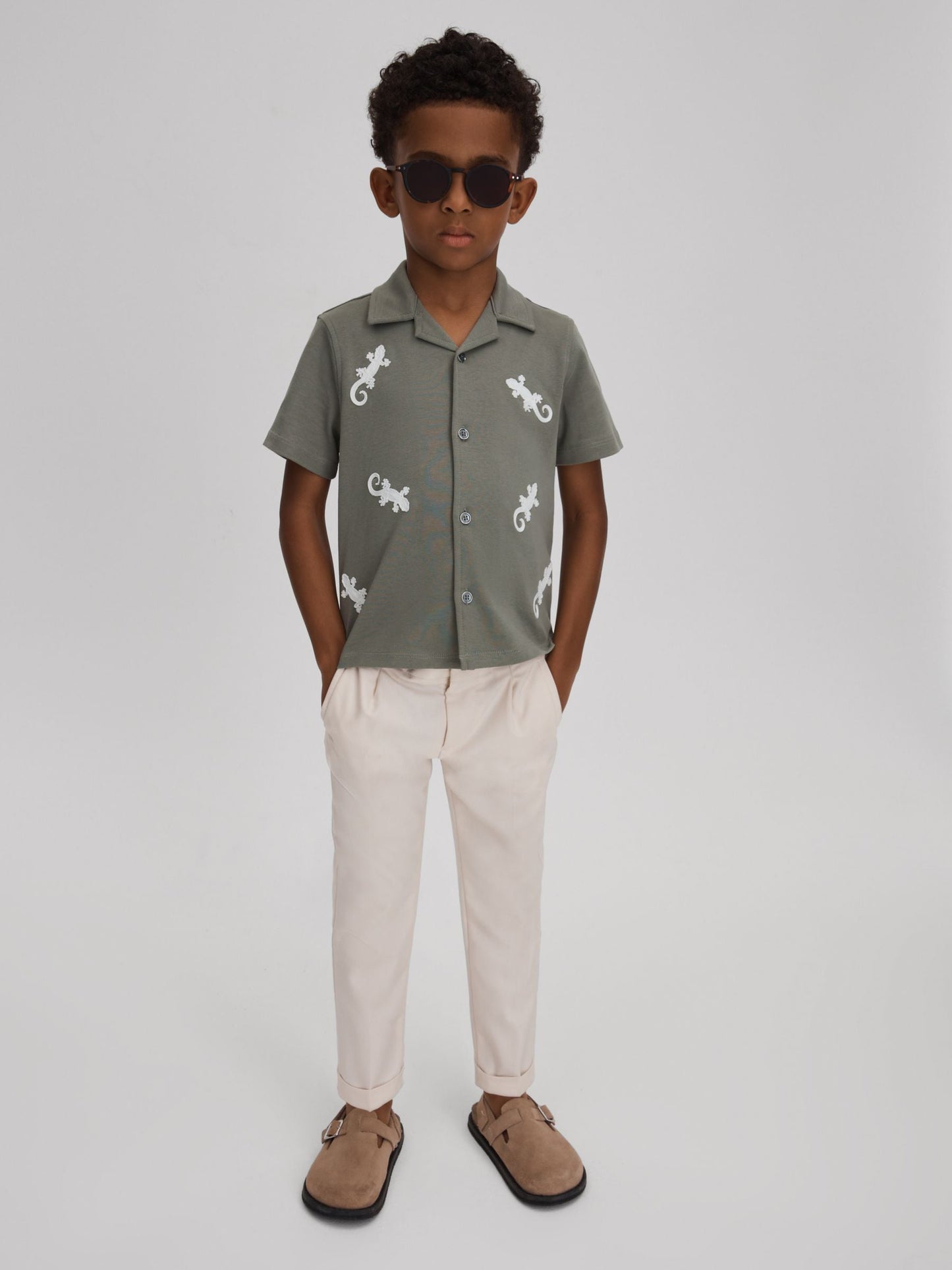 Dsiney Kidz - Reiss Sage/White Thar 9-13 yrs Cotton Reptile Patch Cuban Collar Shirt image 1