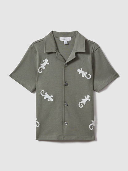 Dsiney Kidz - Reiss Sage/White Thar 9-13 yrs Cotton Reptile Patch Cuban Collar Shirt image 2