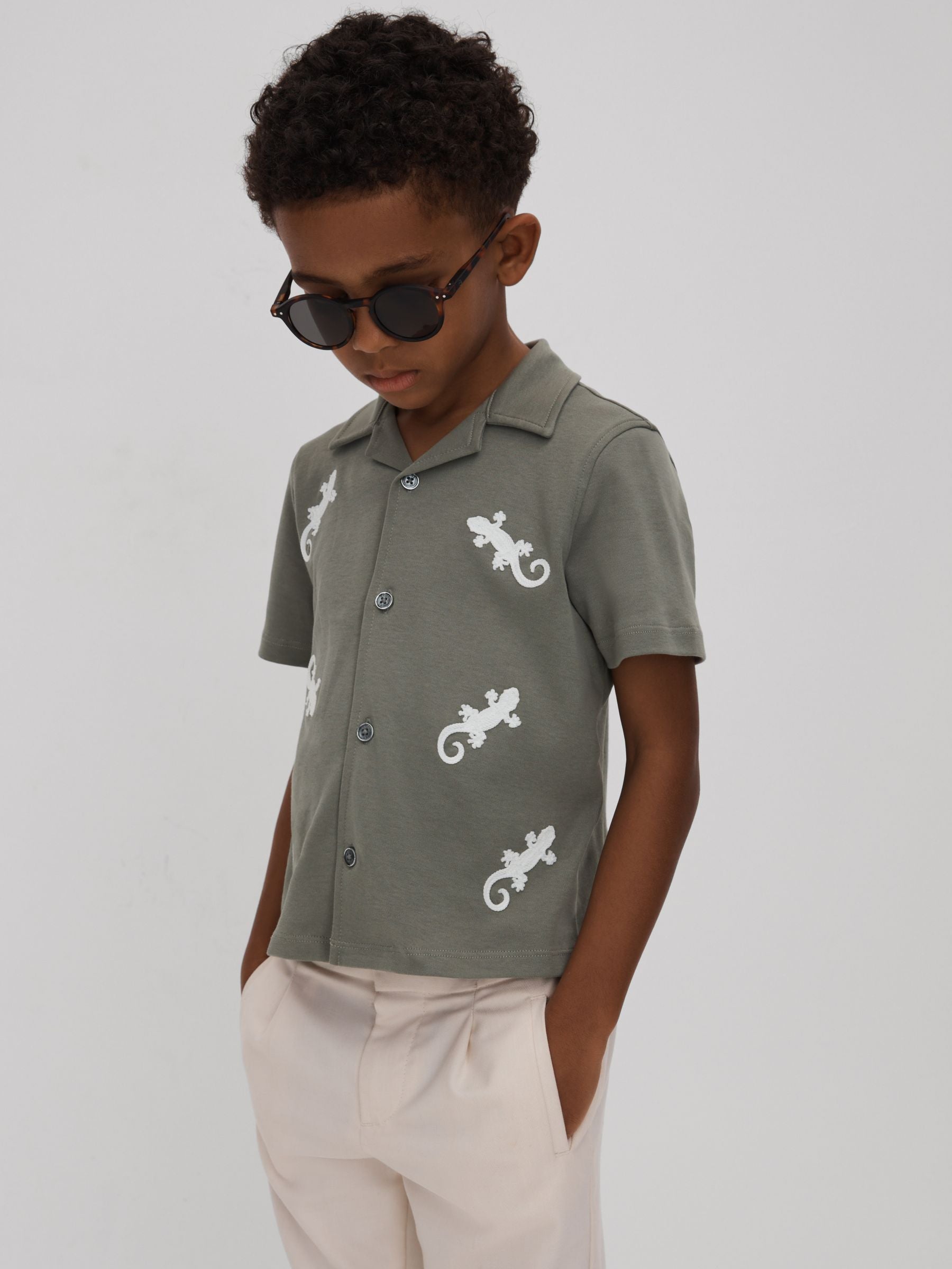 Dsiney Kidz - Reiss Sage/White Thar 9-13 yrs Cotton Reptile Patch Cuban Collar Shirt image 3