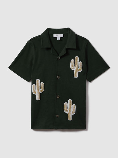 Dsiney Kidz - Reiss Dark Green Stan 3-9 yrs Cotton Cactus Patch Cuban Collar Shirt image 1