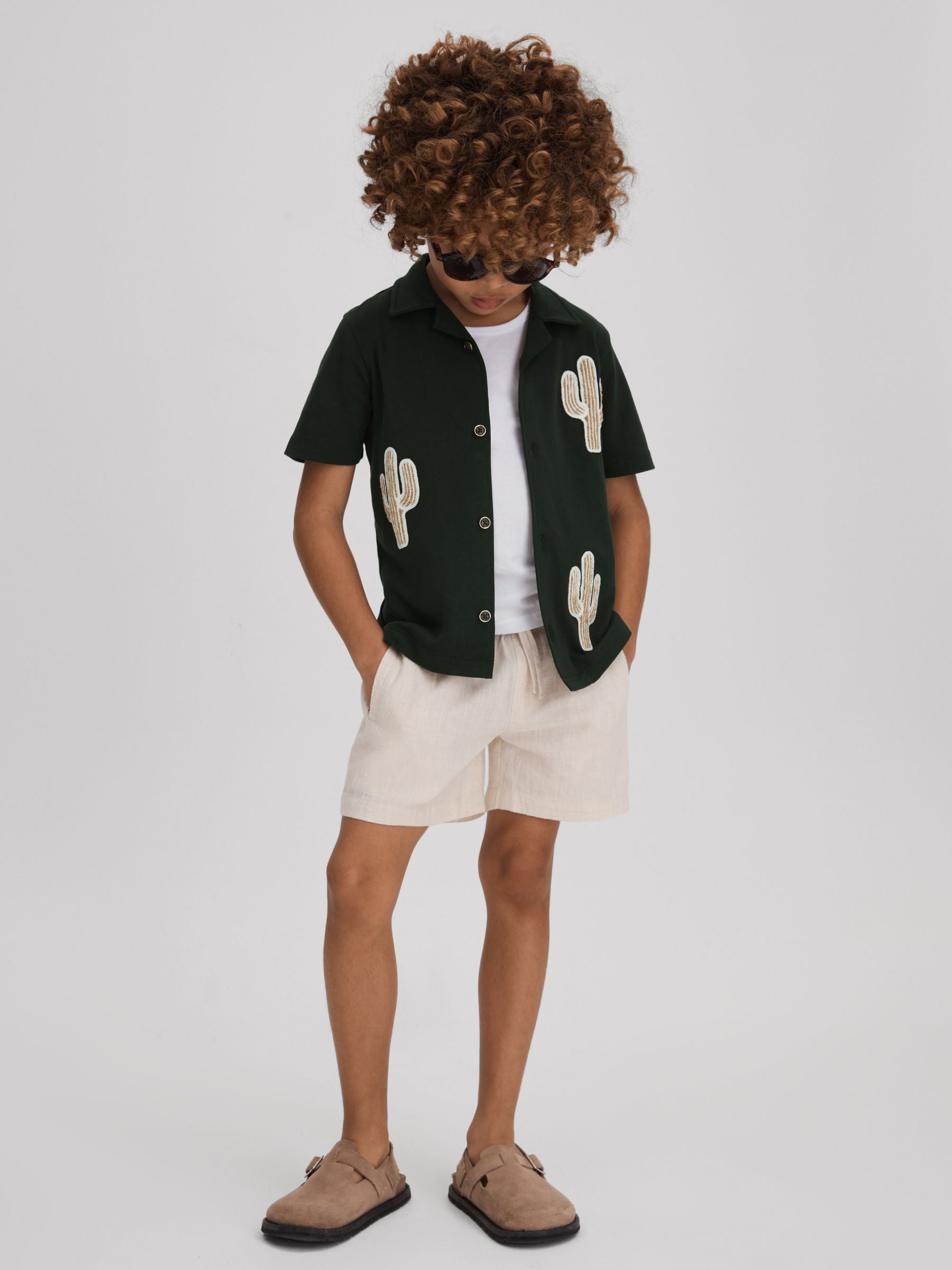 Dsiney Kidz - Reiss Dark Green Stan 3-9 yrs Cotton Cactus Patch Cuban Collar Shirt image 2