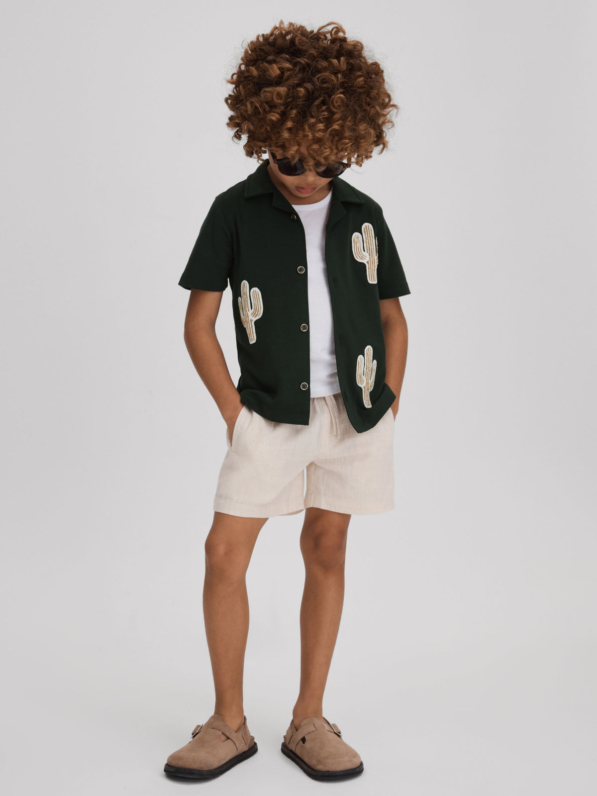Dsiney Kidz - Reiss Dark Green Stan 3-9 yrs Cotton Cactus Patch Cuban Collar Shirt image 2