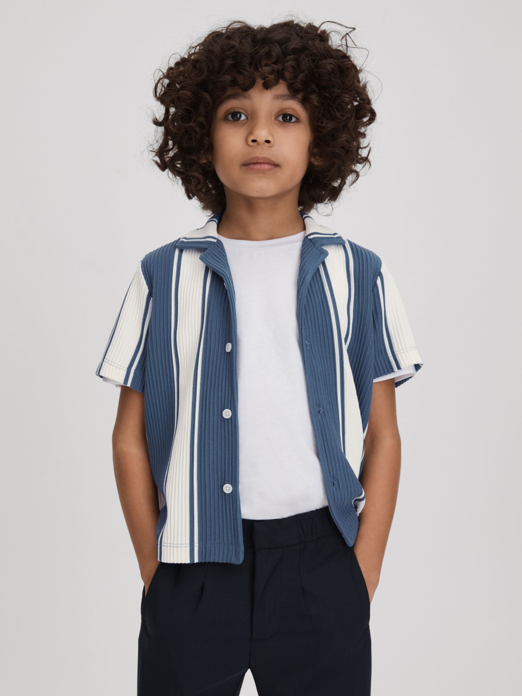 Dsiney Kidz - Reiss Airforce Blue/White Alton 3-9 yrs Ribbed Cuban Collar Shirt image 3