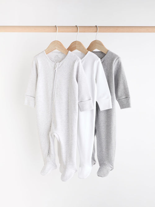 Grey Essential Zipped 100% Cotton Baby Sleepsuits 3 Pack (0-3yrs) image 1