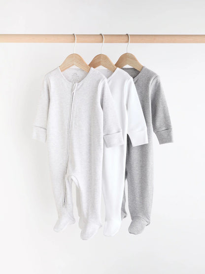 Grey Essential Zipped 100% Cotton Baby Sleepsuits 3 Pack (0-3yrs)