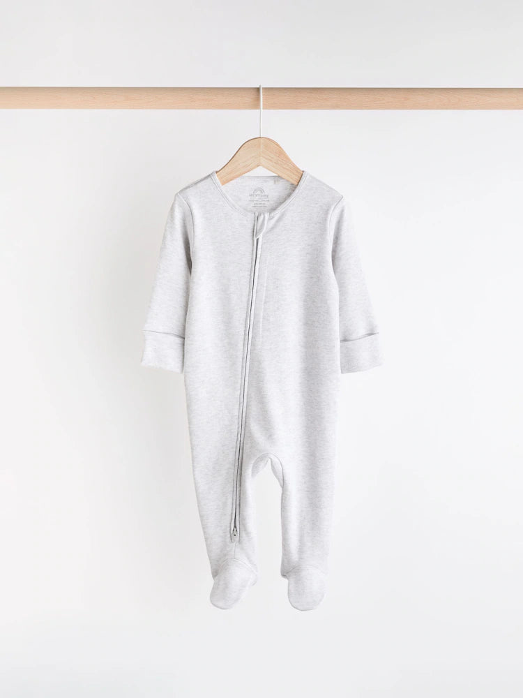 Grey Essential Zipped 100% Cotton Baby Sleepsuits 3 Pack (0-3yrs)