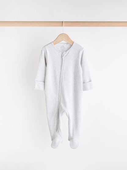 Grey Essential Zipped 100% Cotton Baby Sleepsuits 3 Pack (0-3yrs)