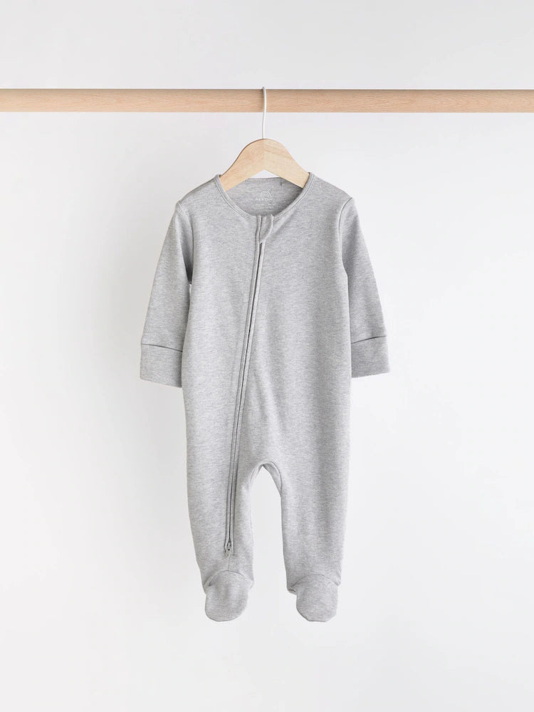 Grey Essential Zipped 100% Cotton Baby Sleepsuits 3 Pack (0-3yrs)