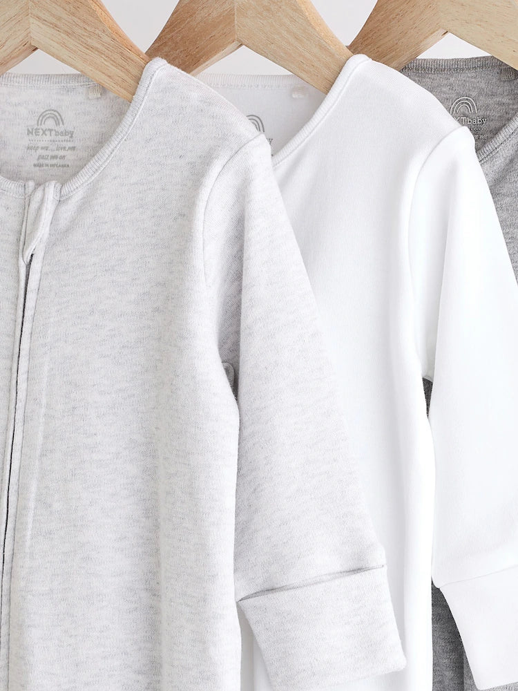 Grey Essential Zipped 100% Cotton Baby Sleepsuits 3 Pack (0-3yrs)