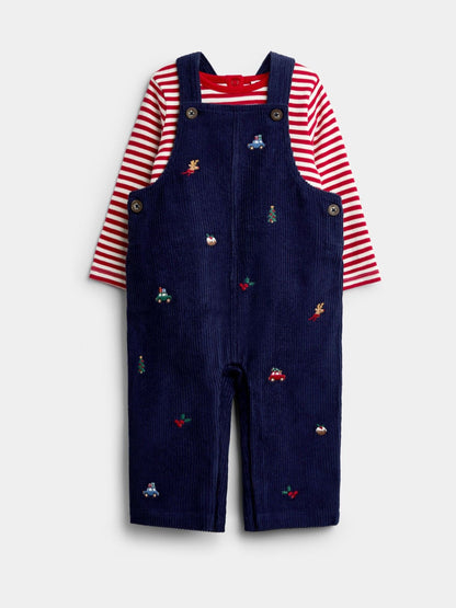 Dsiney Kidz - JoJo Maman Bébé Navy Blue Christmas Embroidered Dungaree & Bodysuit Set image 1