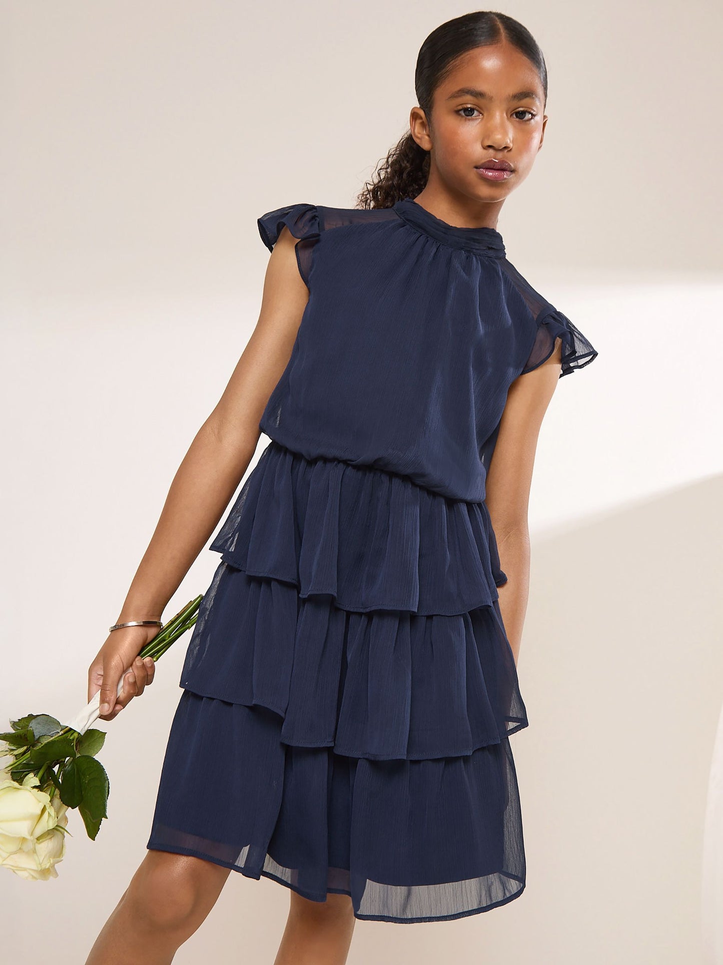 Dsiney Kidz - Lipsy Navy Blue Flutter Sleeve Tiered Occasion Dress (7-16yrs) image 1